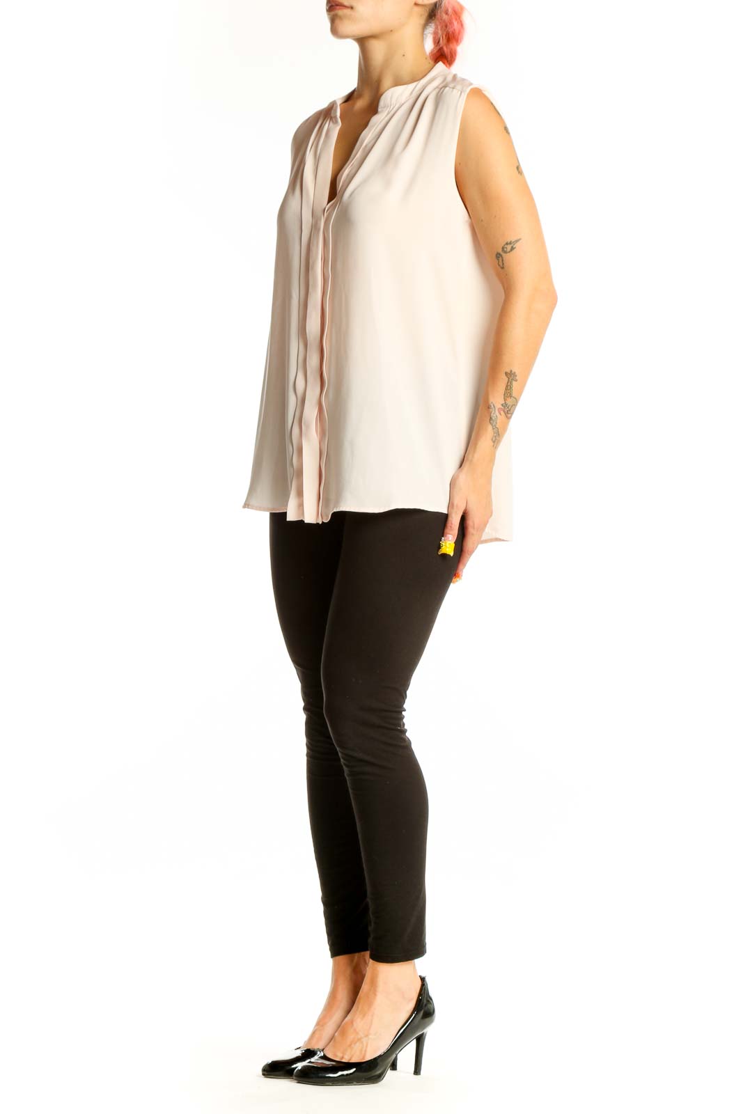 Front view of Mango blush sleeveless V-neck flowy blouse