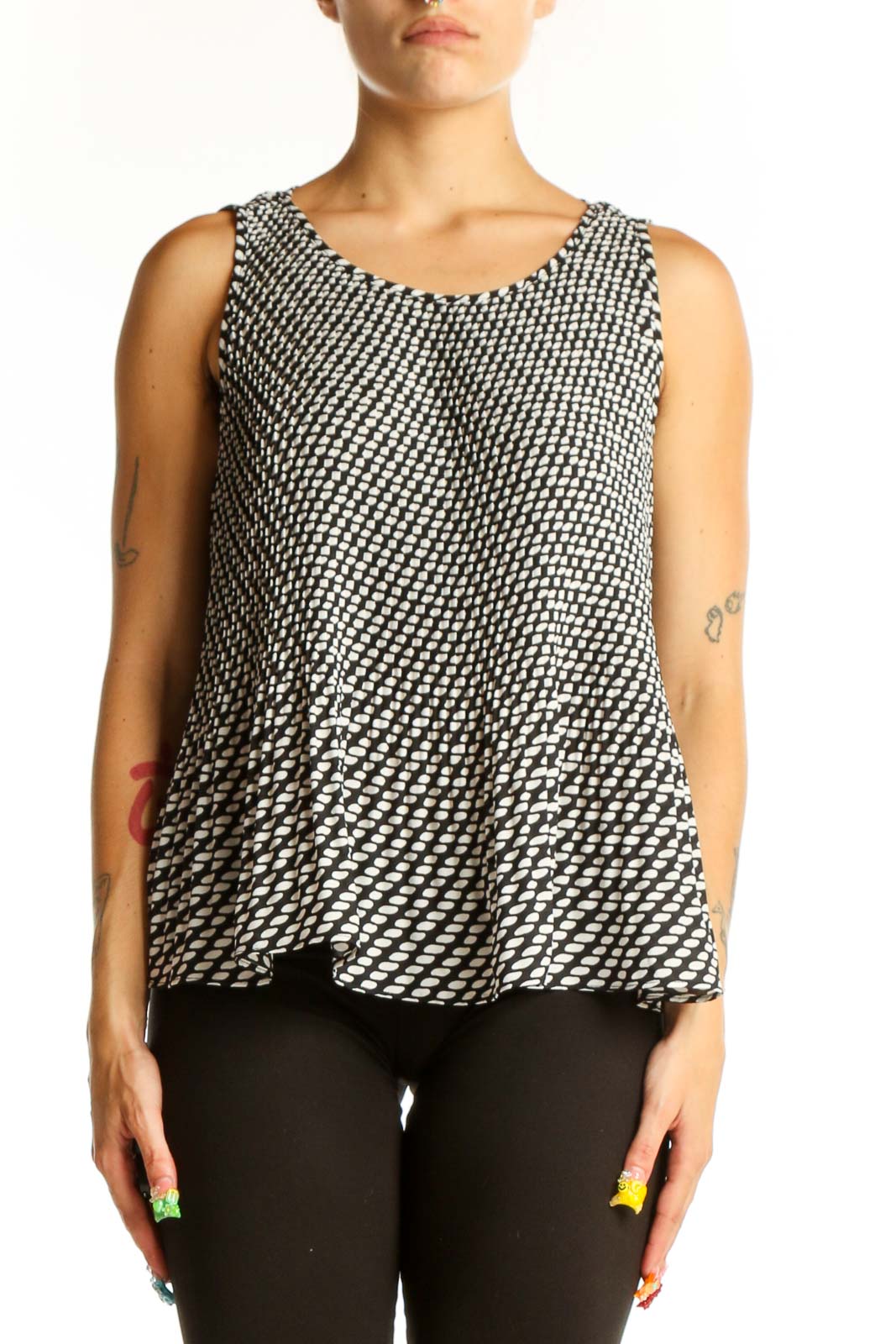 Front view of Banana Republic black and white geometric print sleeveless top