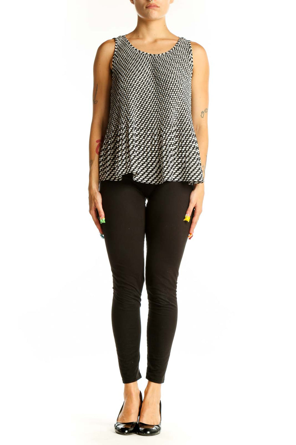 Front view of Banana Republic black and white geometric print sleeveless top