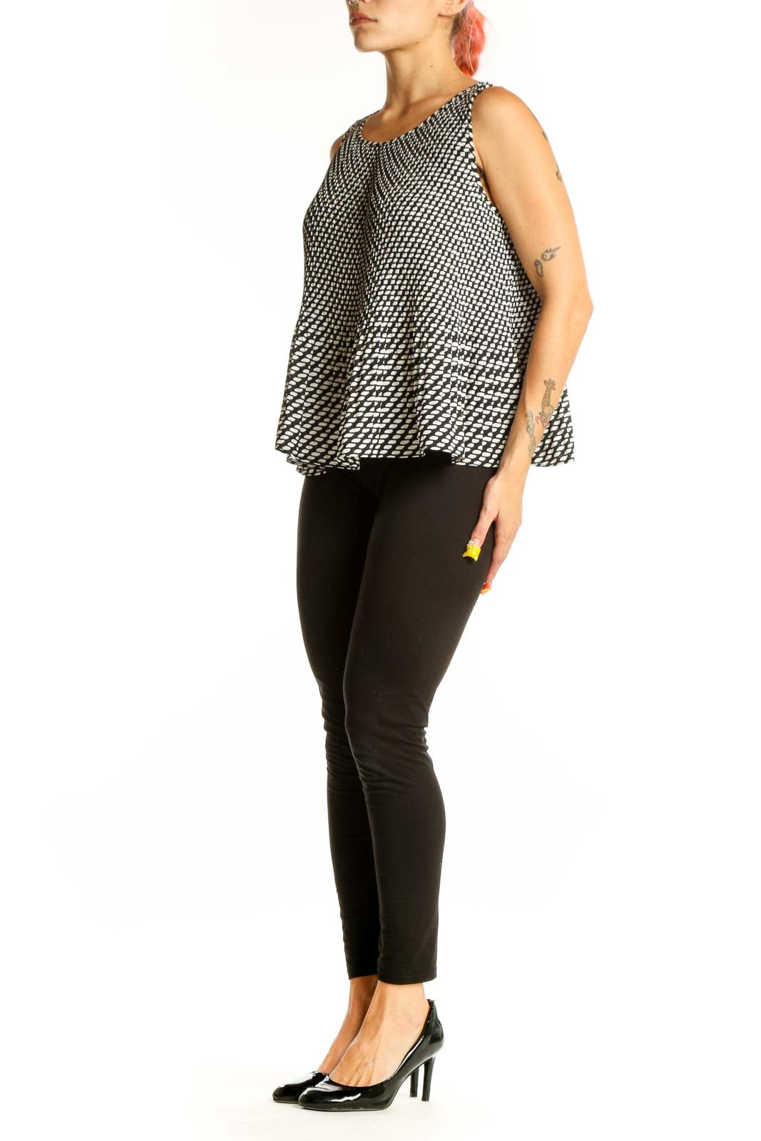 Front view of Banana Republic black and white geometric print sleeveless top