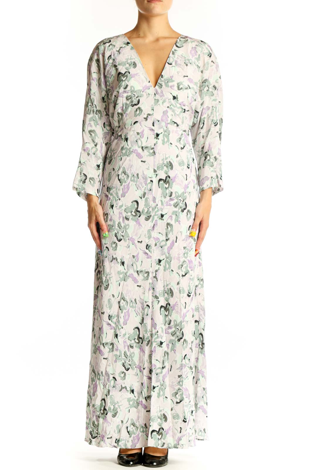 Front view of Club Monaco white floral maxi dress with V-neckline