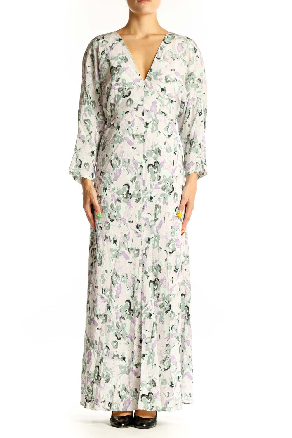 Front view of Club Monaco white floral maxi dress with V-neckline