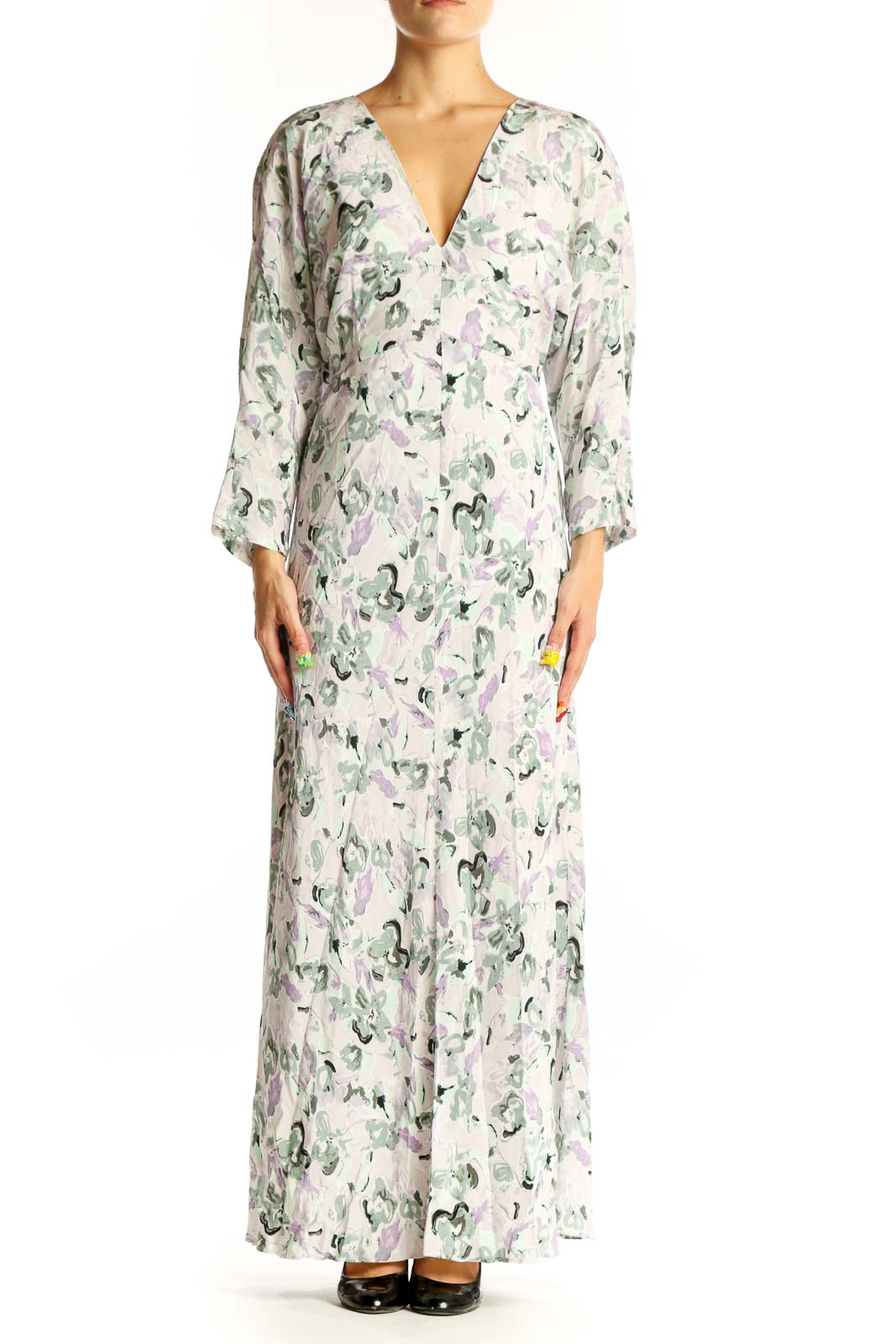 Front view of Club Monaco white floral maxi dress with V-neckline