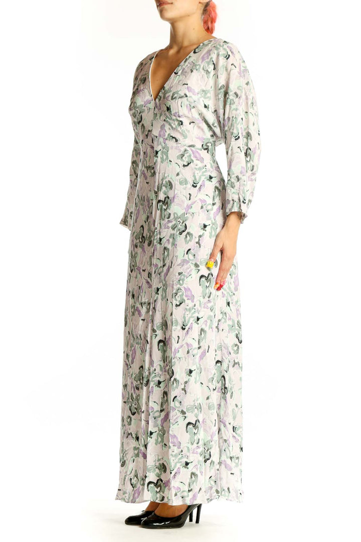 Front view of Club Monaco white floral maxi dress with V-neckline