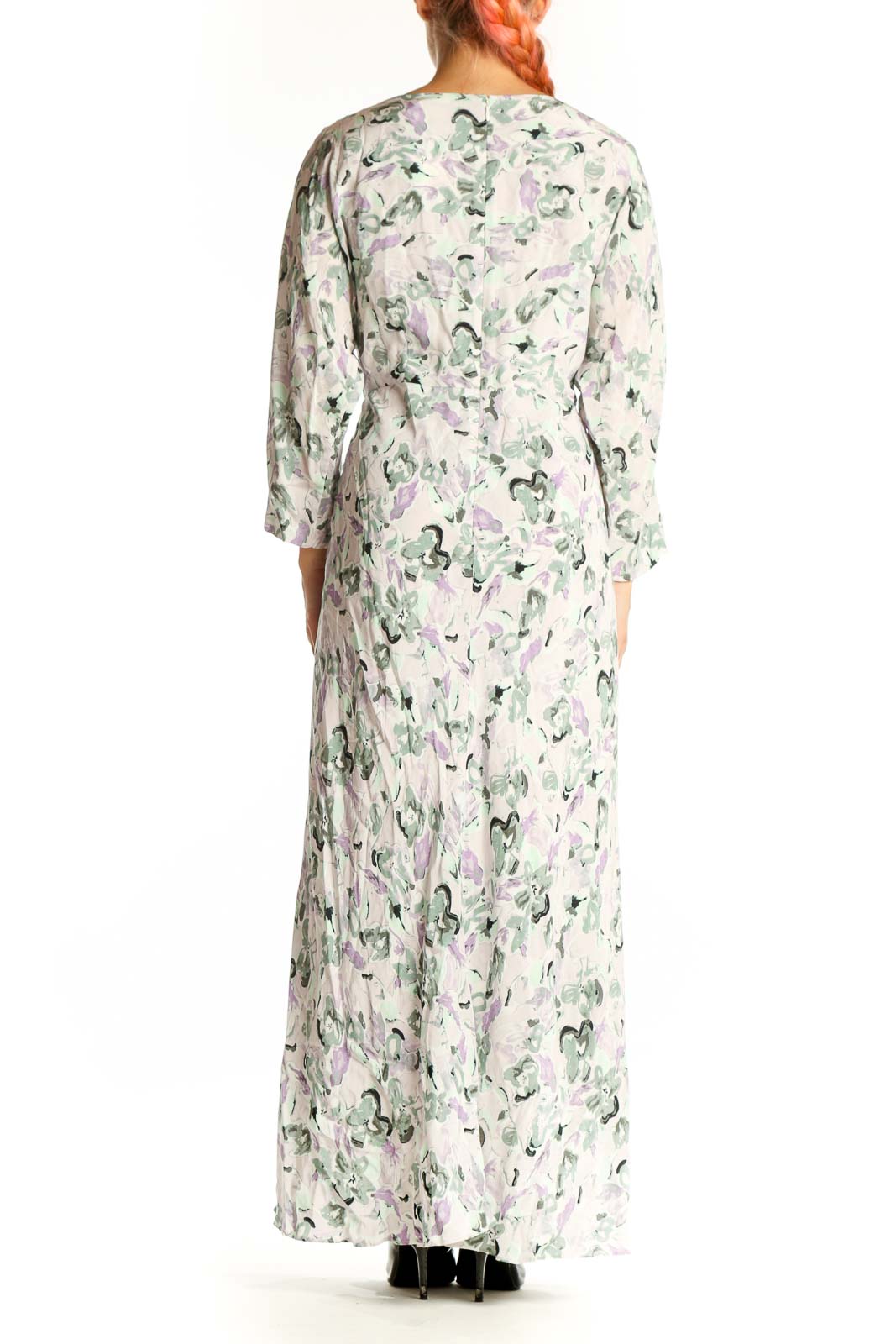 Side view of Club Monaco white floral maxi dress showing flowing silhouette