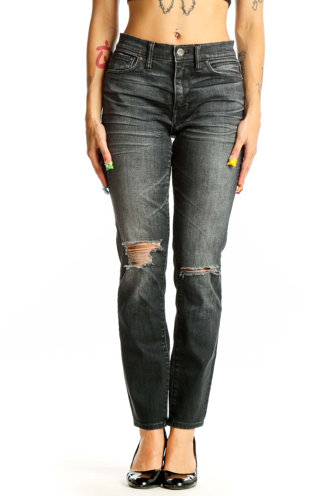 Front view of Madewell charcoal straight leg jeans with distressed knees