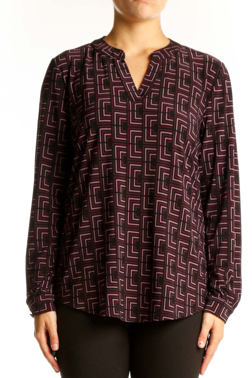 Front view of Anne Klein burgundy geometric print long sleeve blouse
