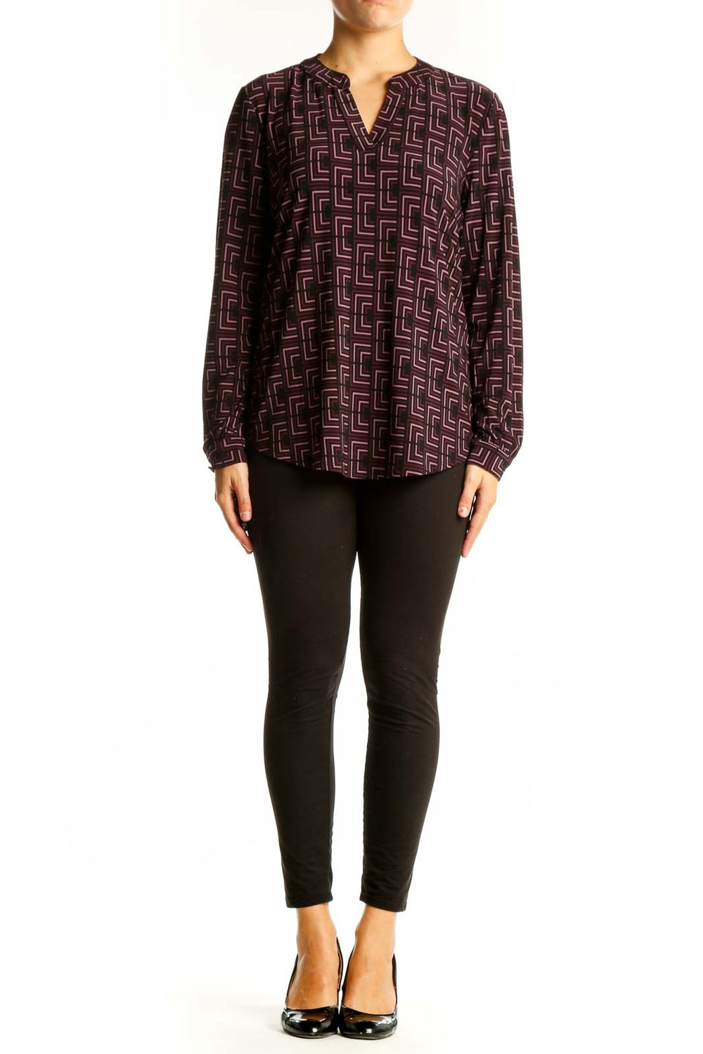 Front view of Anne Klein burgundy geometric print long sleeve blouse