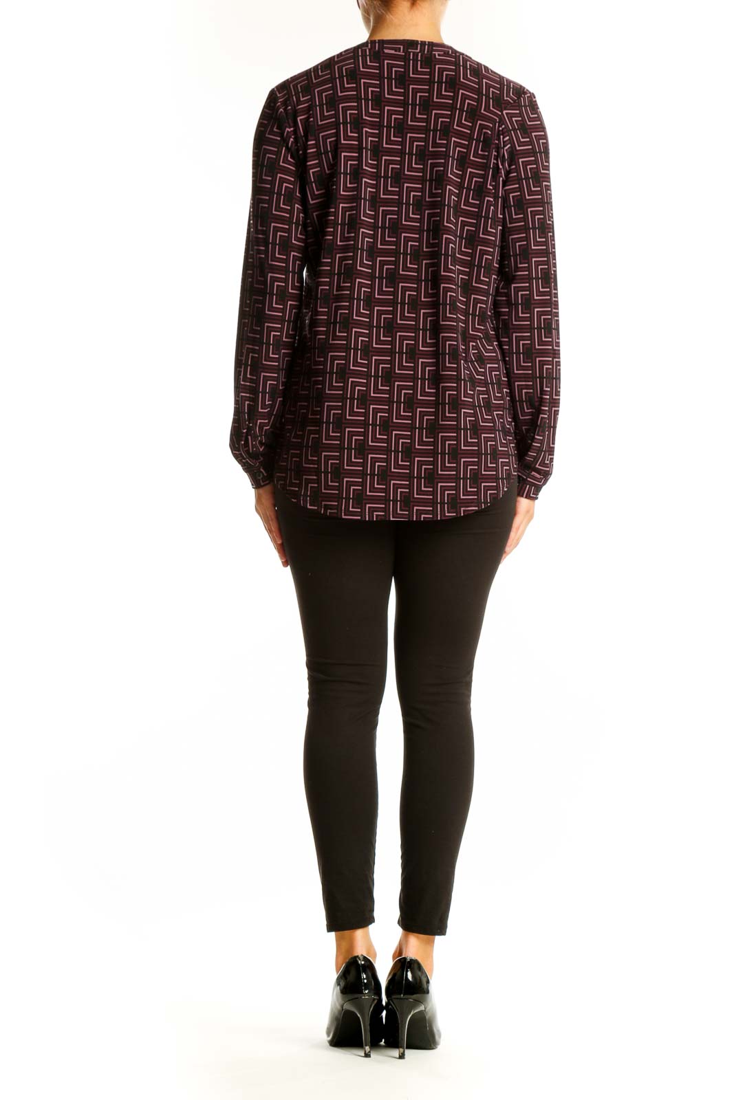 Side view of Anne Klein burgundy geometric print long sleeve blouse on model