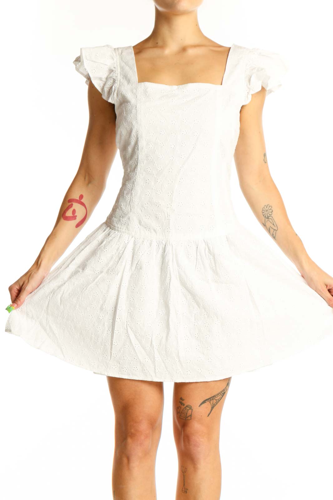Front view of Chelsea & Violet white eyelet lace mini dress with square neckline and flutter sleeves