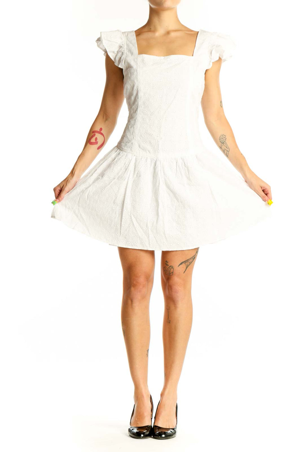 Front view of Chelsea & Violet white eyelet lace mini dress with square neckline and flutter sleeves