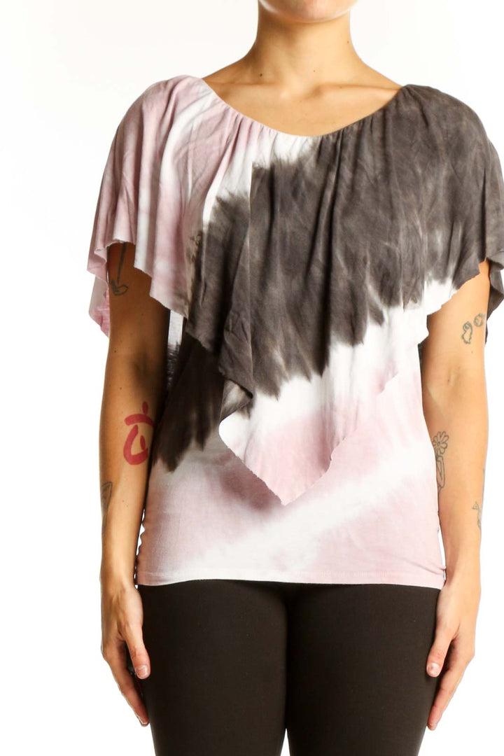 Front view of Juicy Couture pink and gray tie-dye top with flutter sleeves