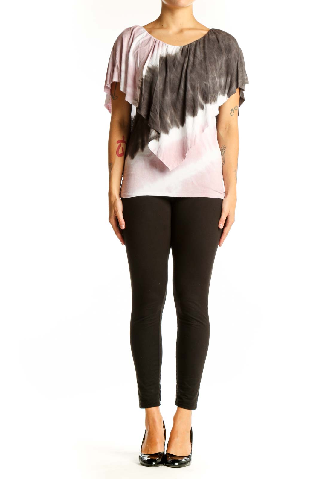 Front view of Juicy Couture pink and gray tie-dye top with flutter sleeves