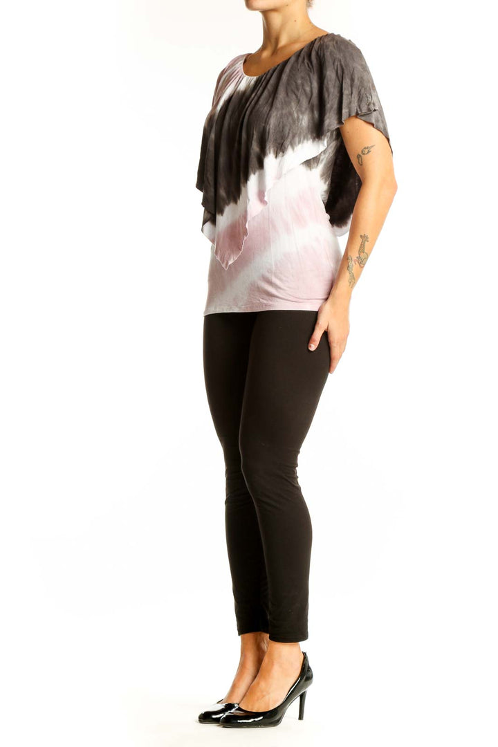 Front view of Juicy Couture pink and gray tie-dye top with flutter sleeves