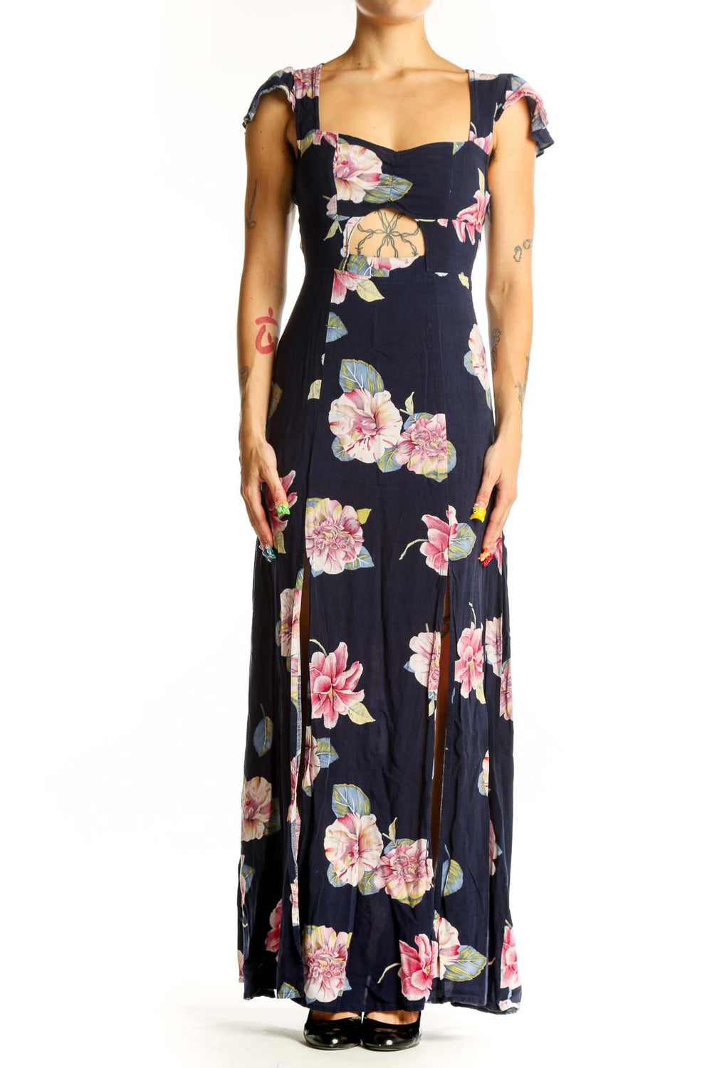 Front view of Reformed navy floral maxi dress with sweetheart neckline
