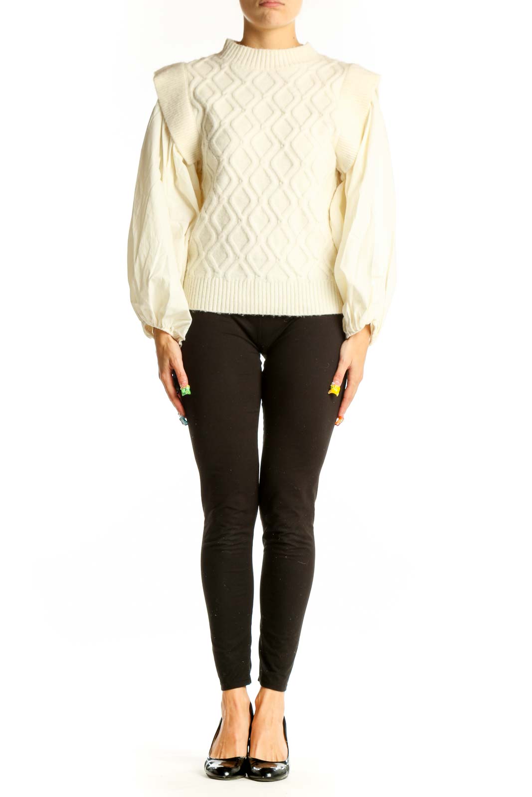 Front view of cream cable knit sweater with puff sleeves by a loves a