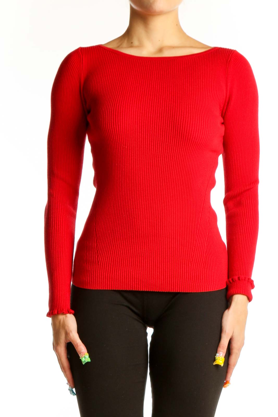 Front view of red ribbed long sleeve fitted top from Ann Taylor Petites