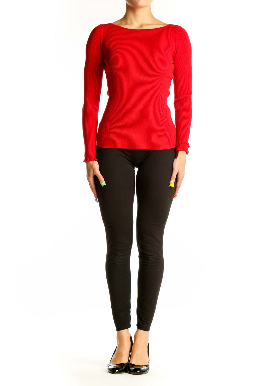 Front view of red ribbed long sleeve fitted top from Ann Taylor Petites