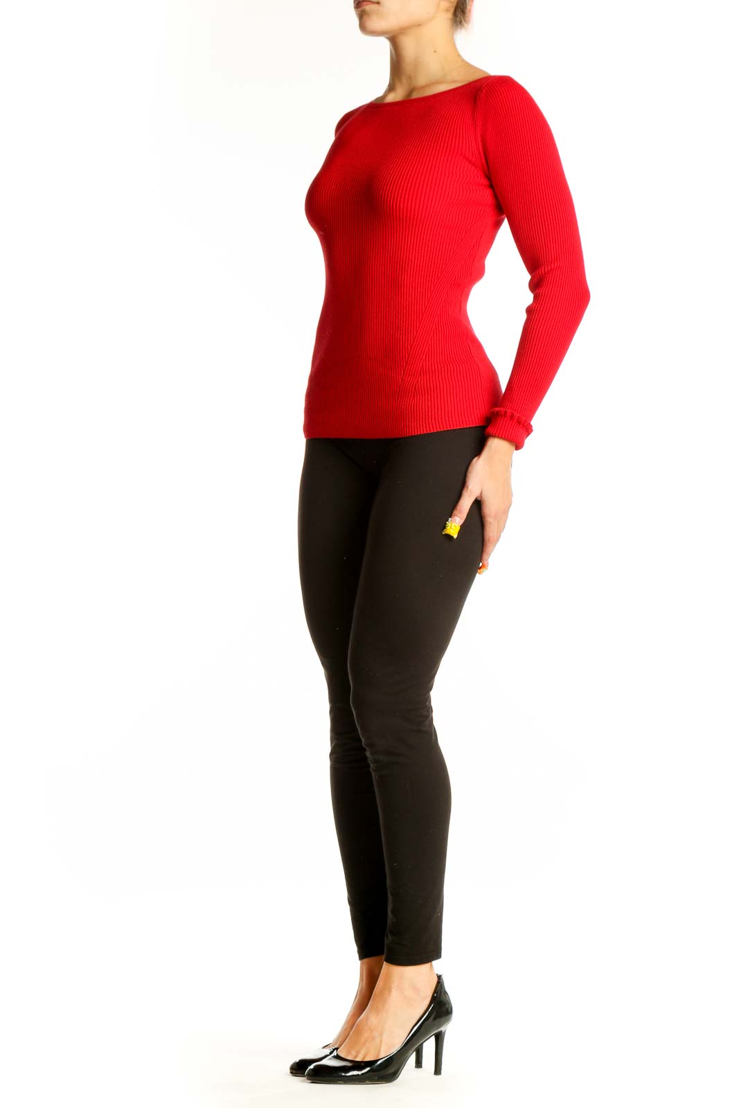 Front view of red ribbed long sleeve fitted top from Ann Taylor Petites