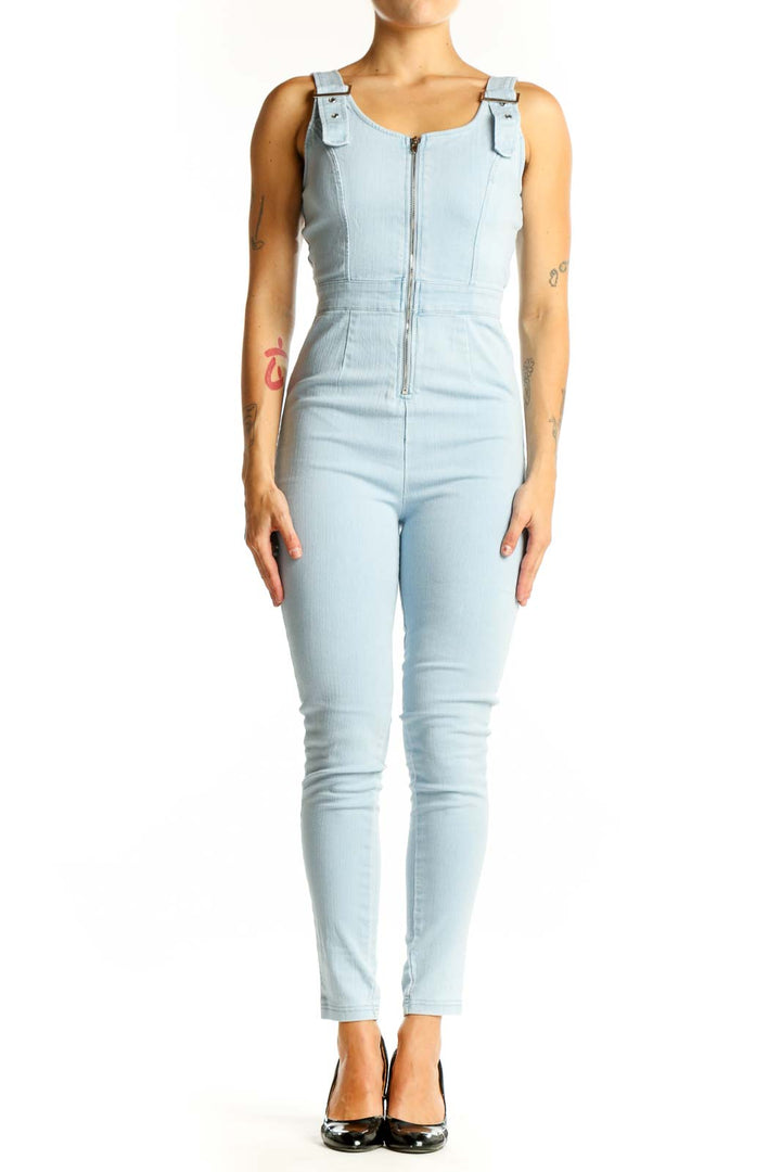 Front view of Haute Monde light blue cotton zip-front jumpsuit