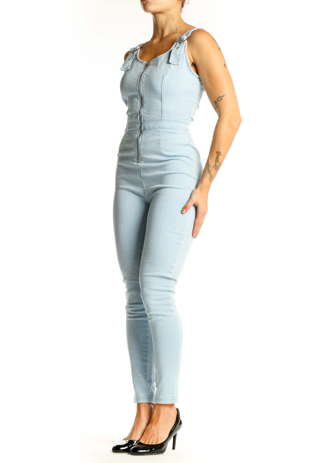 Front view of Haute Monde light blue cotton zip-front jumpsuit