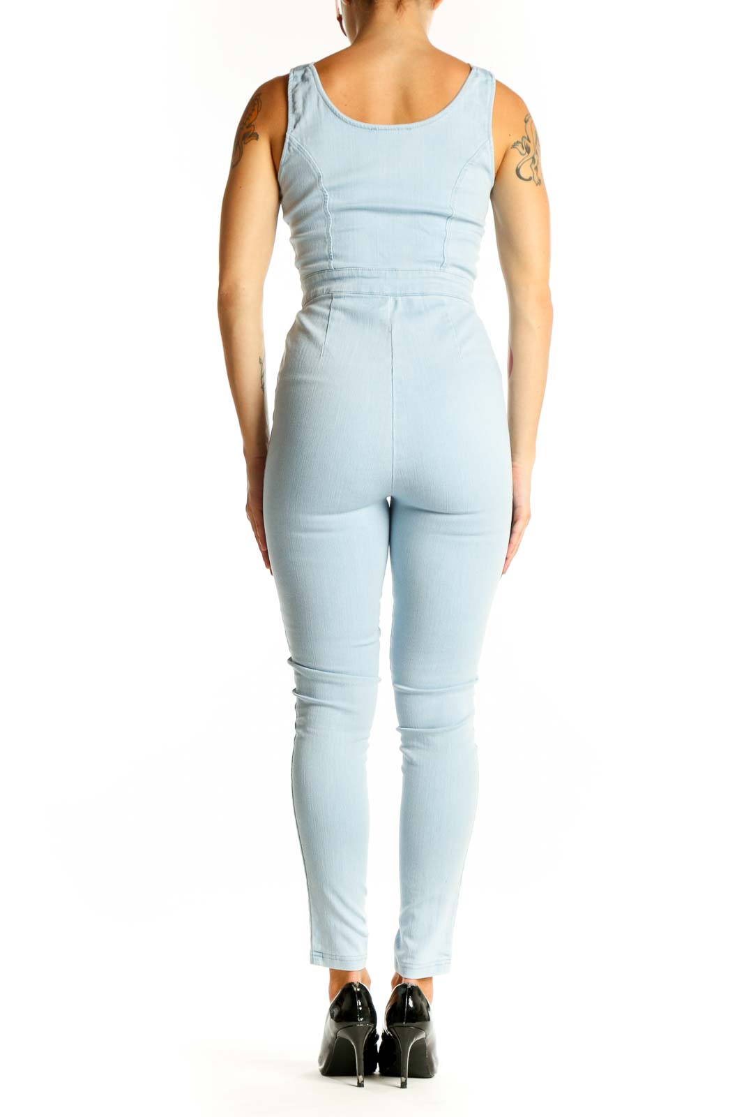 Side view of Haute Monde light blue cotton zip-front jumpsuit on model
