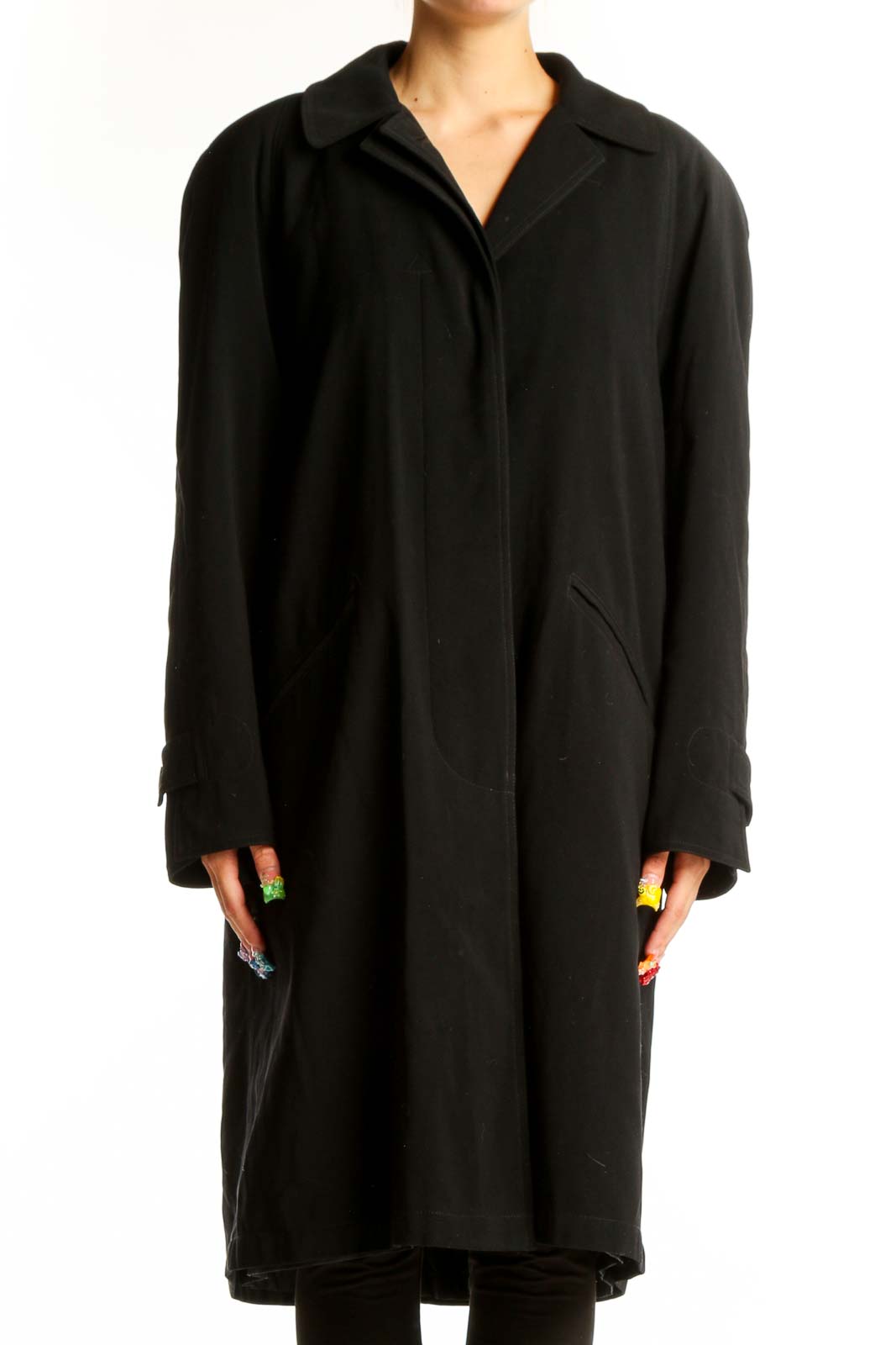 Front view of Regent Park black wool blend long coat on model