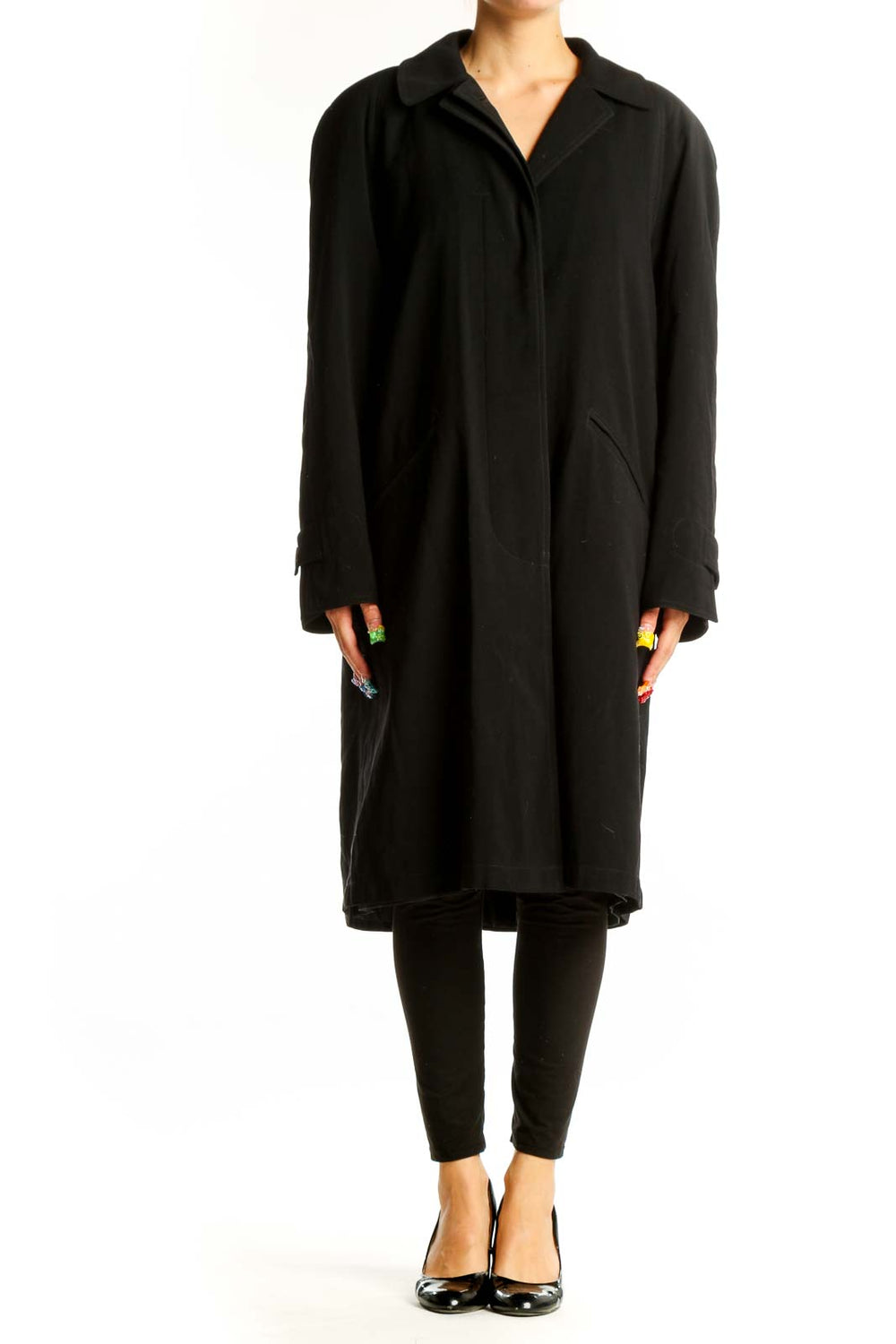 Front view of Regent Park black wool blend long coat on model
