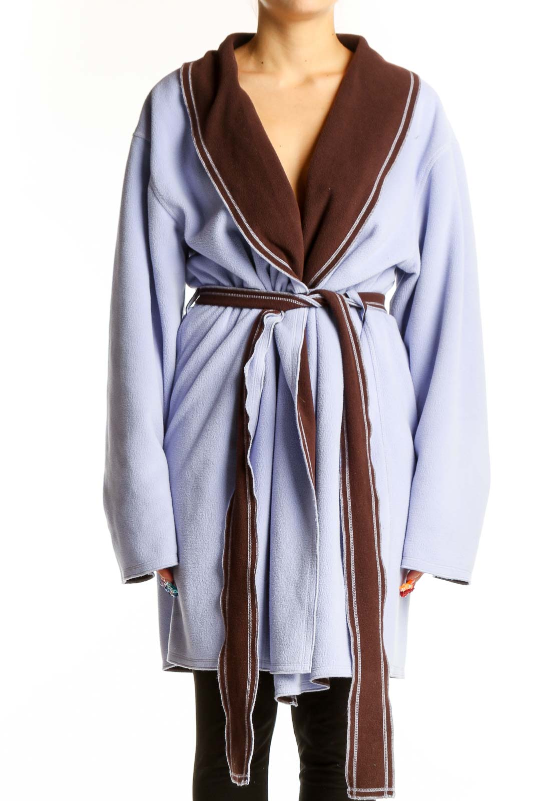Front view of Cruz Natori light blue belted wrap coat with brown shawl collar