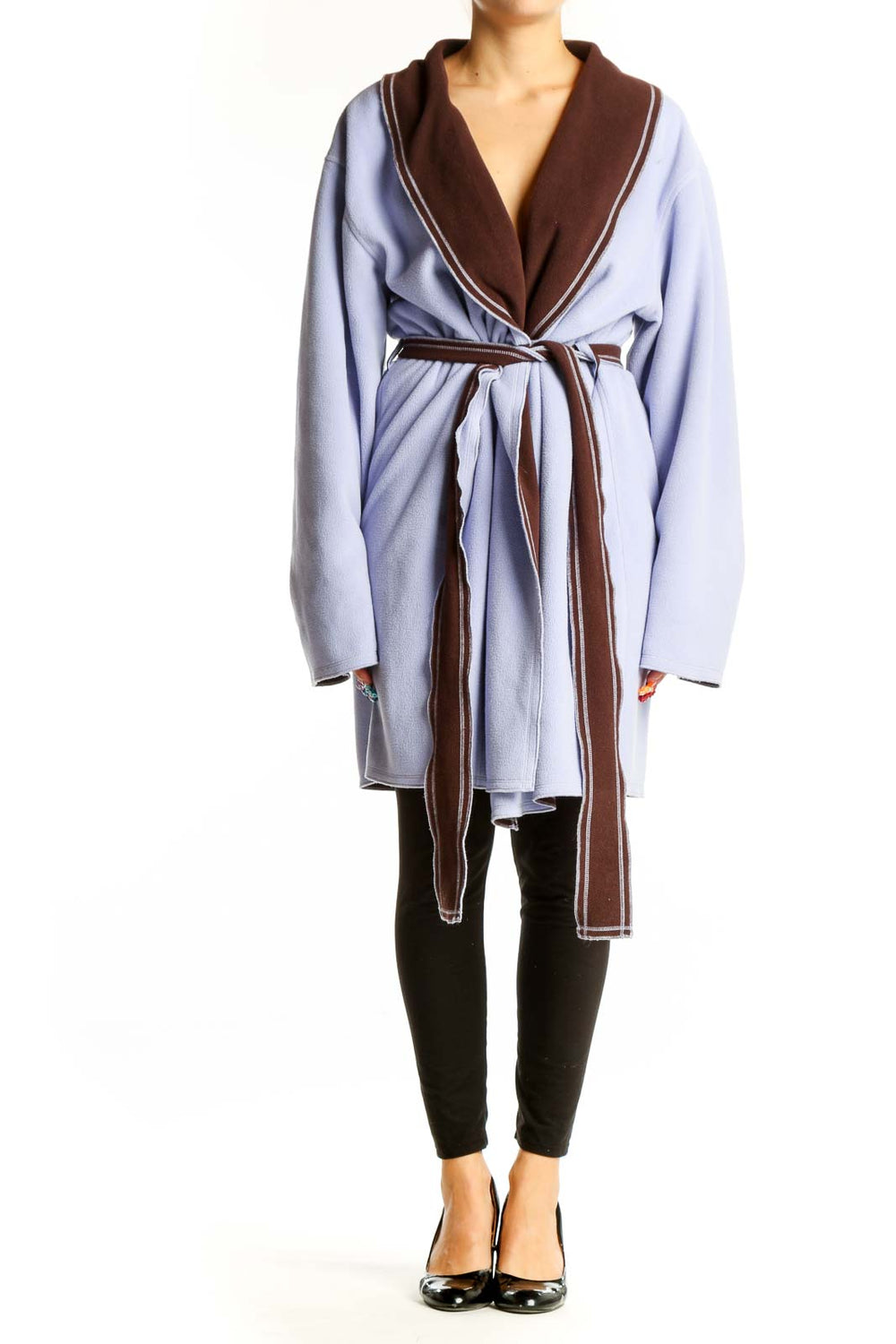 Front view of Cruz Natori light blue belted wrap coat with brown shawl collar