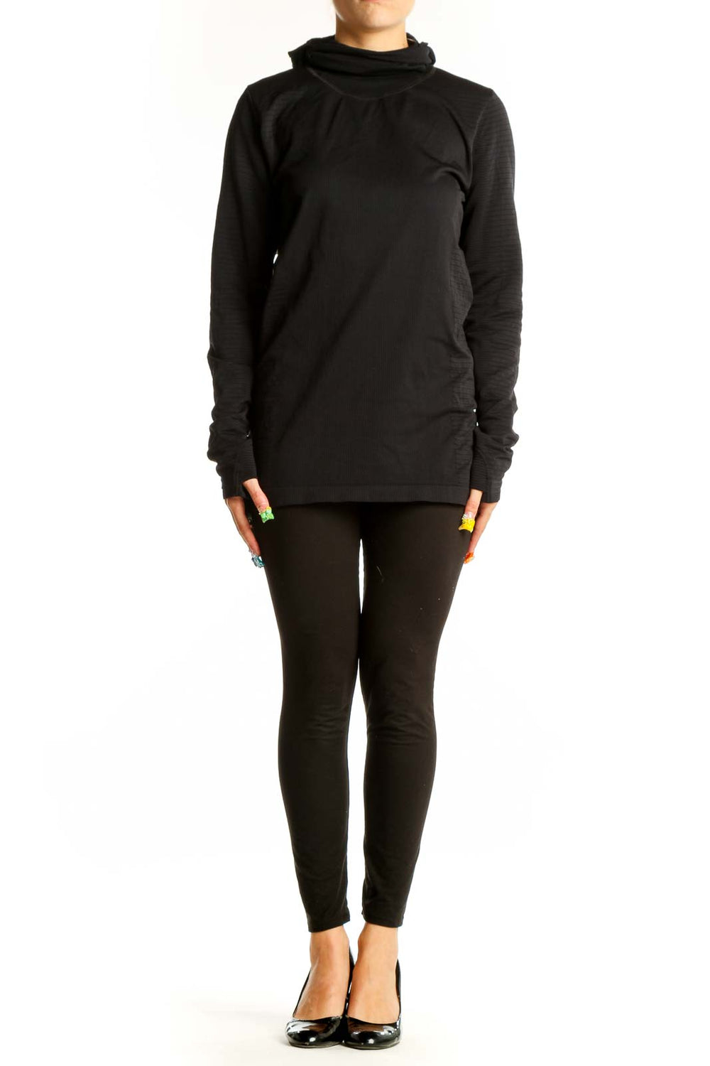 Front view of black Athleta activewear top with cowl neck