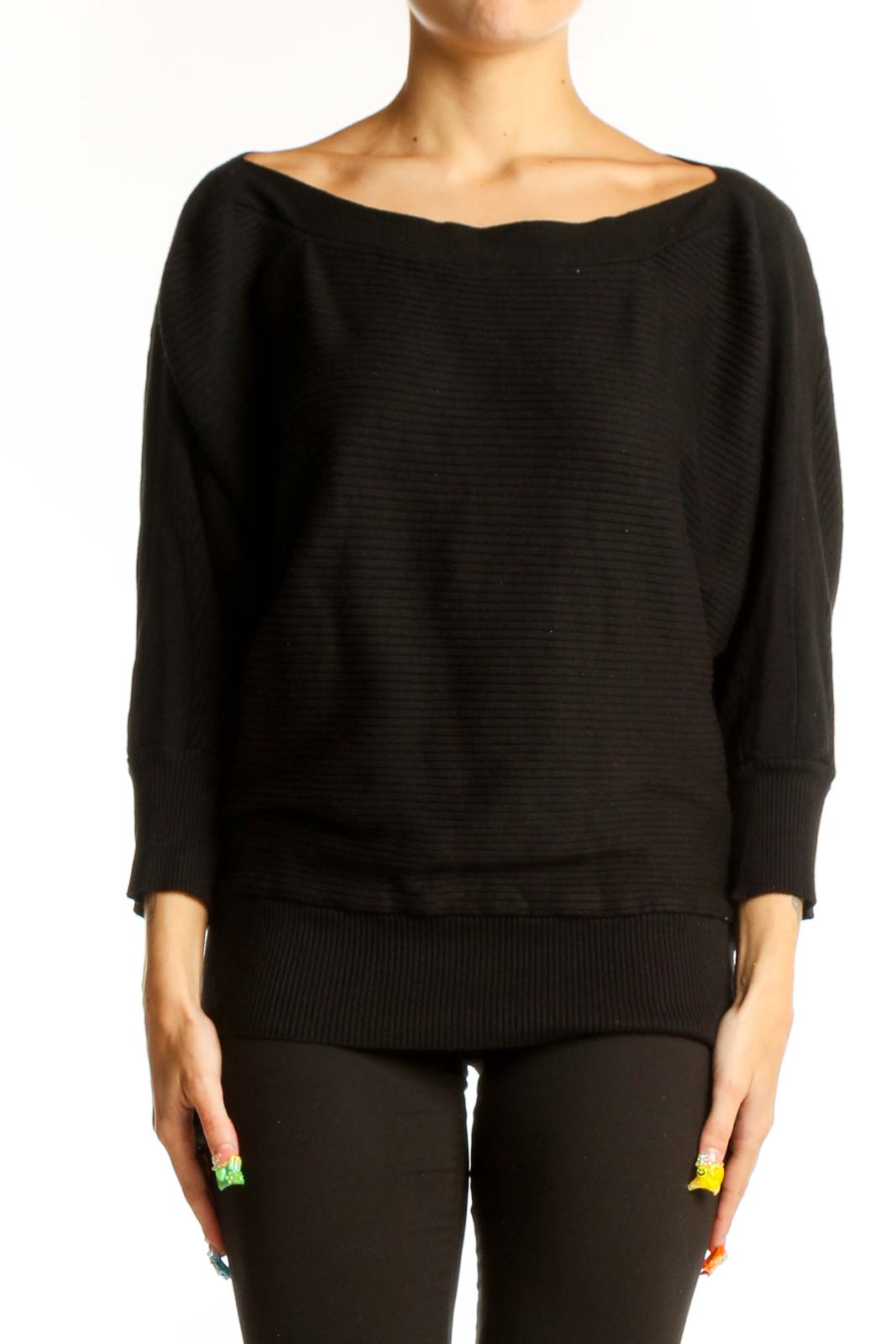 Front view of Dex black ribbed sweater with batwing sleeves