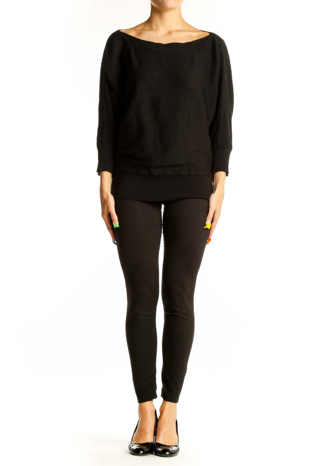Front view of Dex black ribbed sweater with batwing sleeves