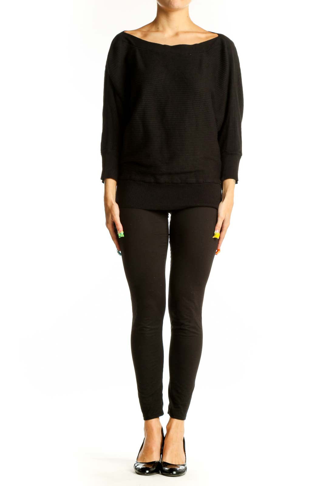 Front view of Dex black ribbed sweater with batwing sleeves
