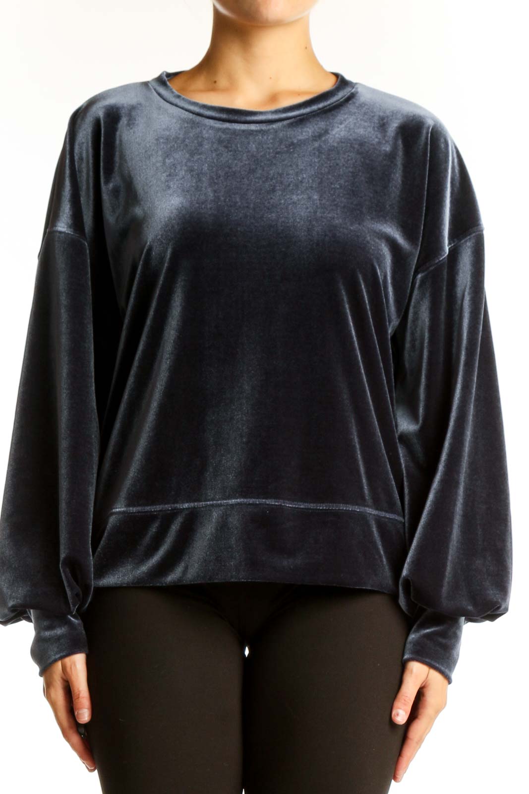 Front view of gray velvet oversized sweatshirt from Madewell