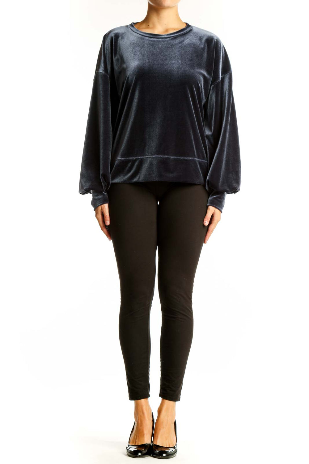 Front view of gray velvet oversized sweatshirt from Madewell