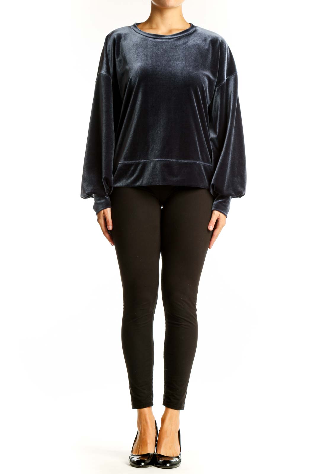 Front view of gray velvet oversized sweatshirt from Madewell