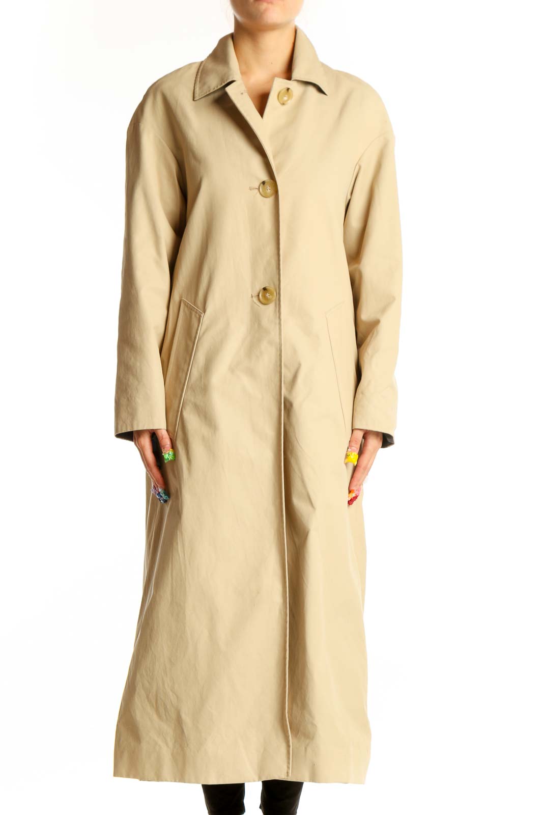 Front view of Mango beige long button-up coat