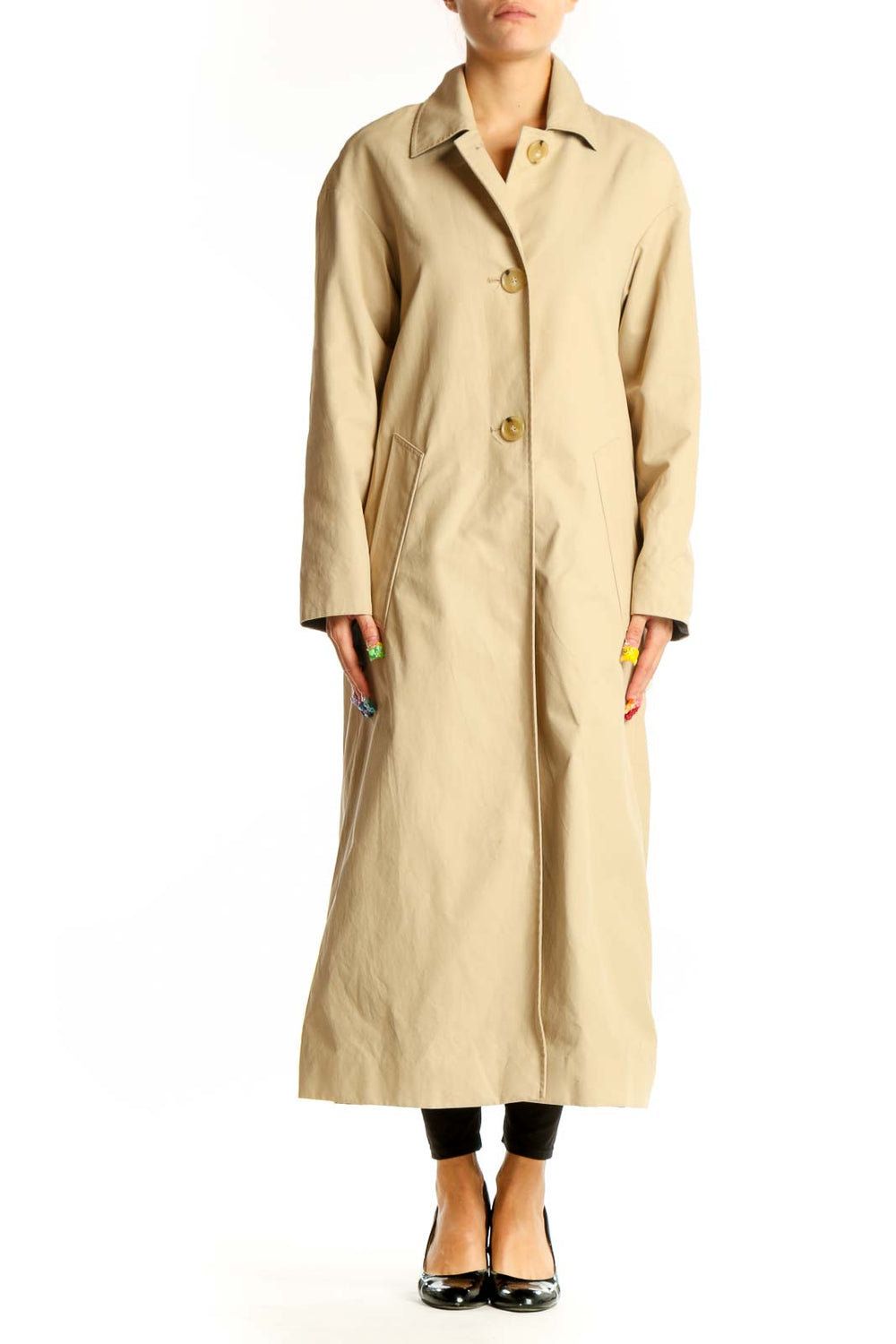 Front view of Mango beige long button-up coat