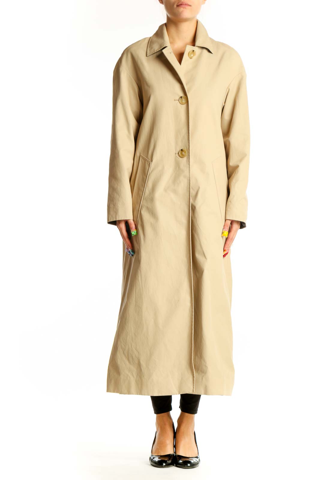 Front view of Mango beige long button-up coat