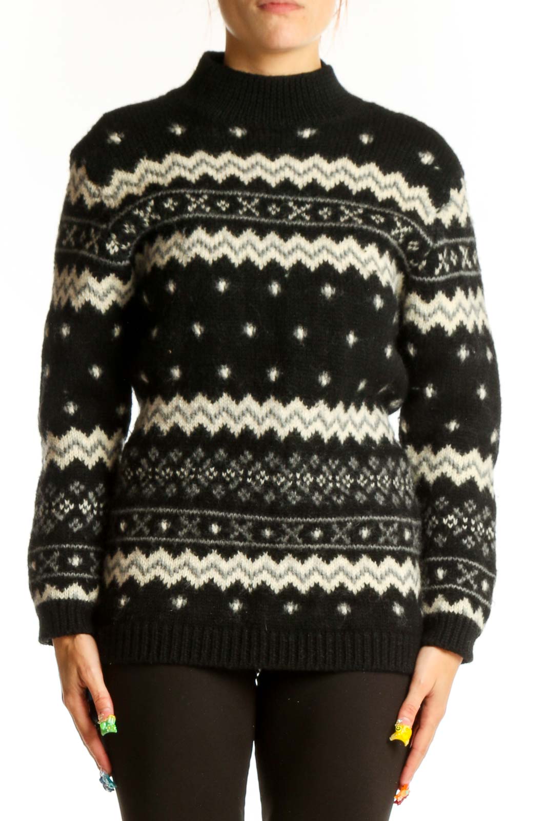 Front view of SilkRoll black and white Fair Isle wool sweater with mock turtleneck