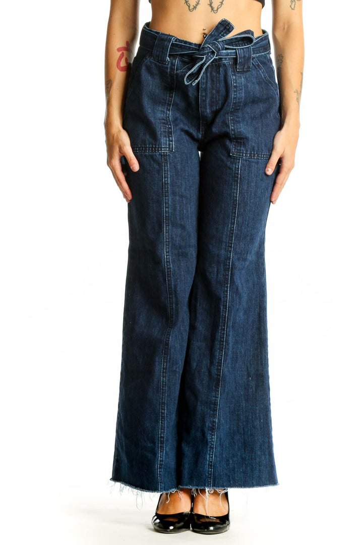 Front view of Flamingo dark blue wide-leg denim jeans with tie-waist