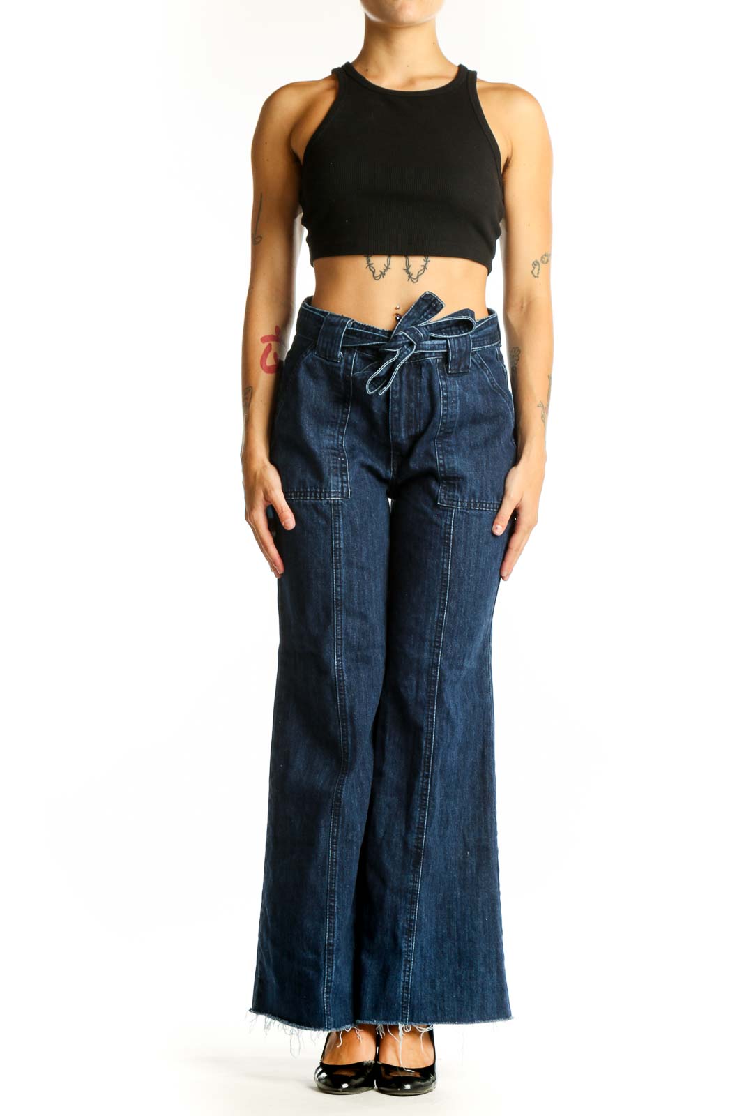 Front view of Flamingo dark blue wide-leg denim jeans with tie-waist