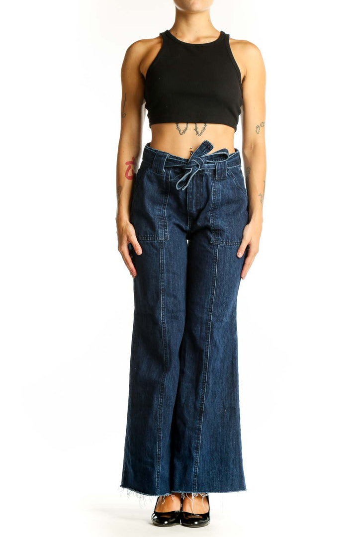 Front view of Flamingo dark blue wide-leg denim jeans with tie-waist