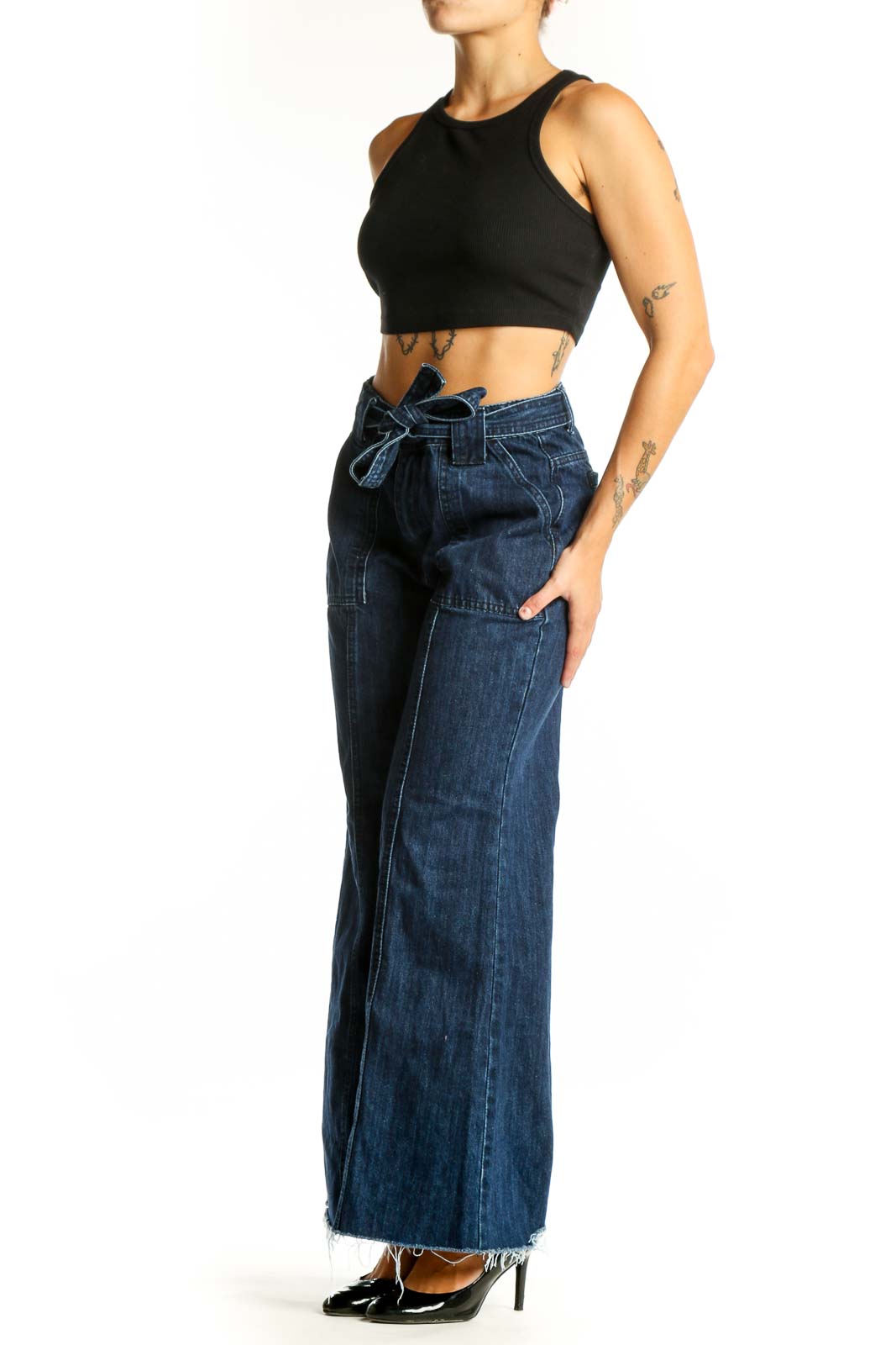 Front view of Flamingo dark blue wide-leg denim jeans with tie-waist
