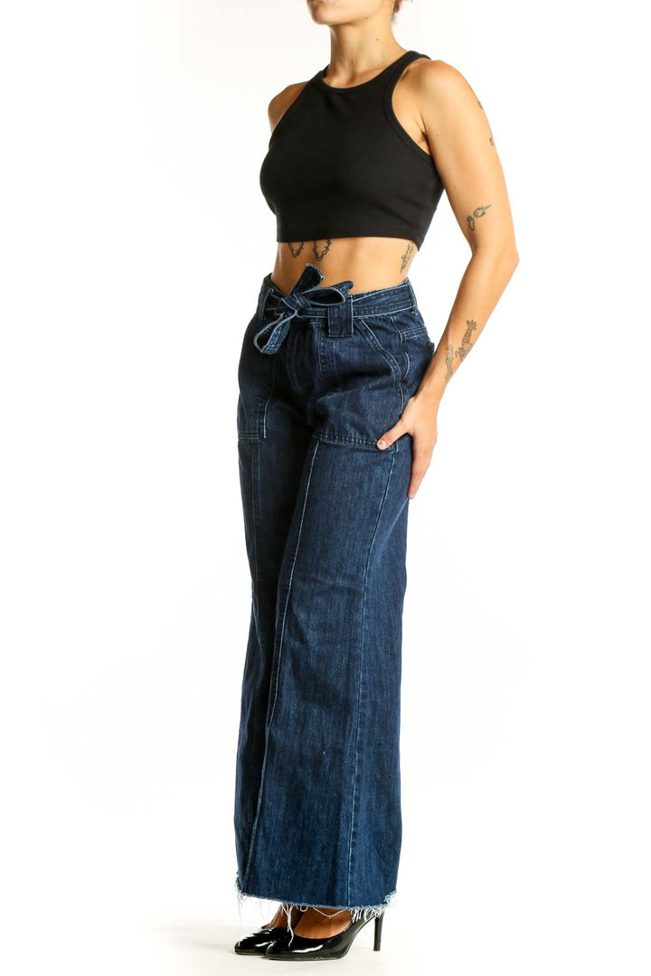 Front view of Flamingo dark blue wide-leg denim jeans with tie-waist