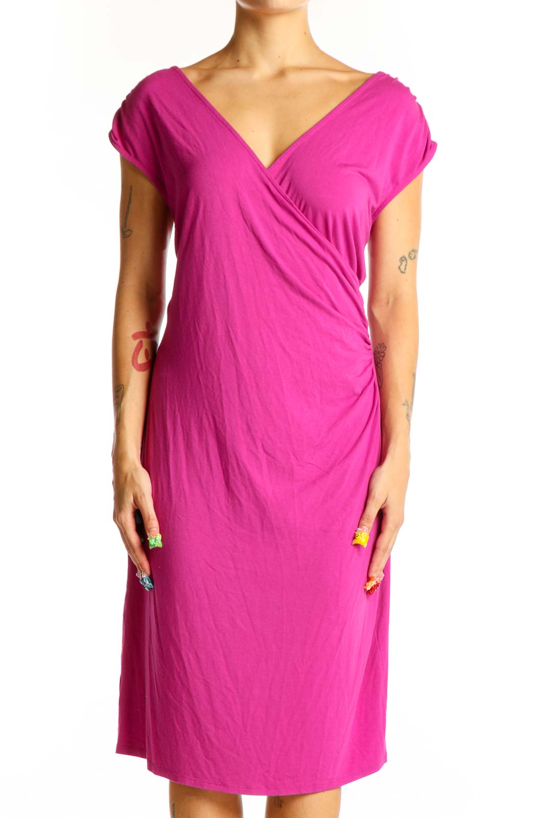 Front view of fuchsia Ann Taylor wrap-style midi dress with V-neckline
