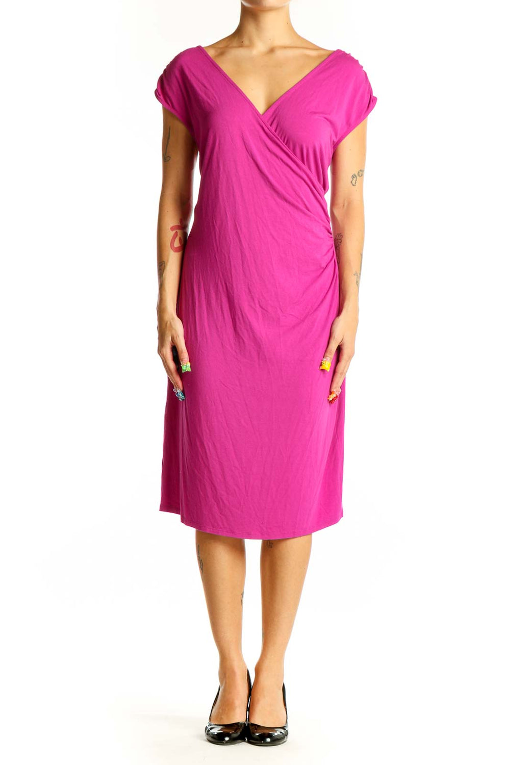 Front view of fuchsia Ann Taylor wrap-style midi dress with V-neckline