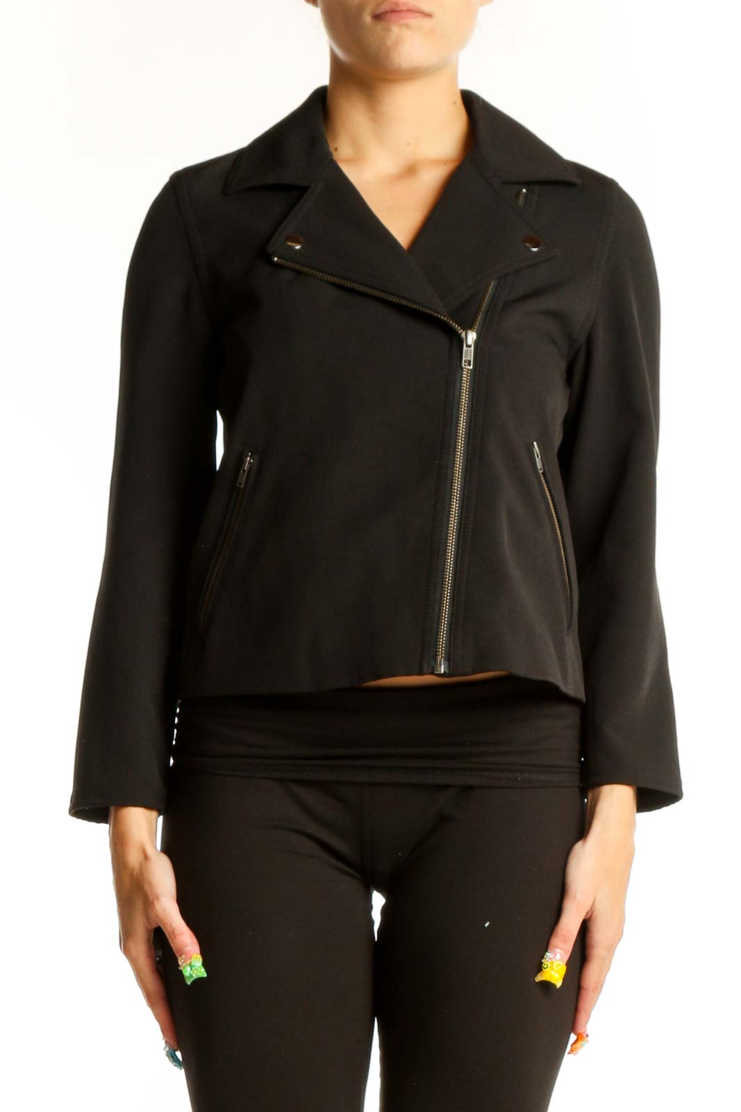 Front view of black moto jacket with asymmetrical zipper