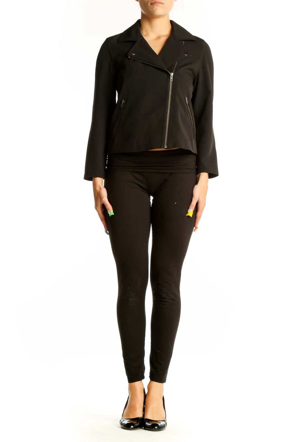 Front view of black moto jacket with asymmetrical zipper